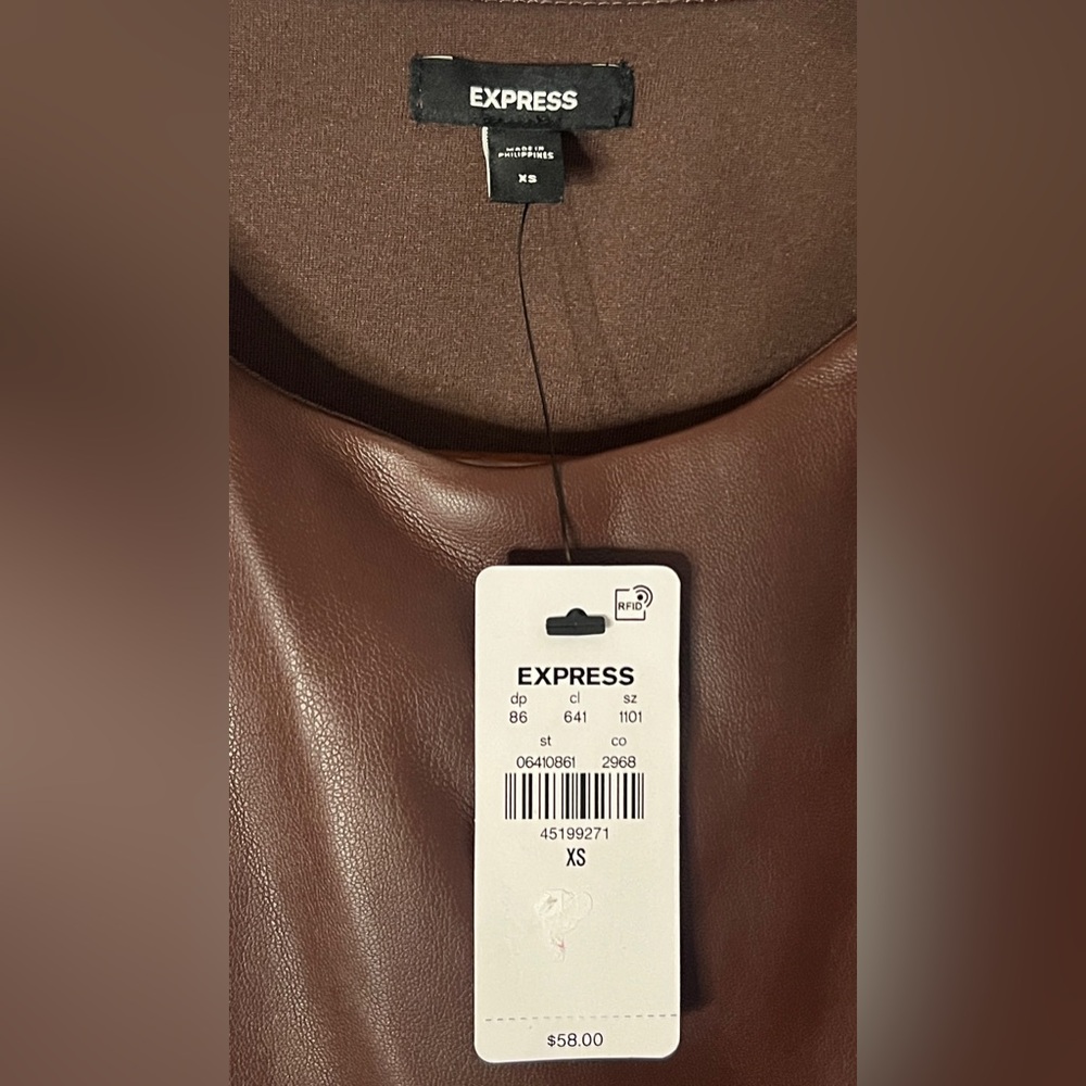 SOLD EXPRESS Body Contour Brown Faux Leather Crew Neck Peplum Tank Brown XS - Picture 6 of 8